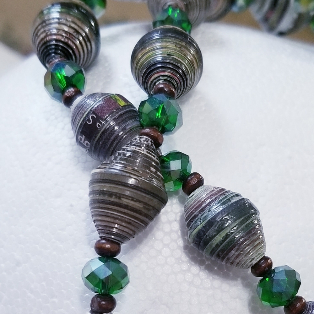 African Paper Bead Necklace With Faced Cut Forest Green Crystal Beads